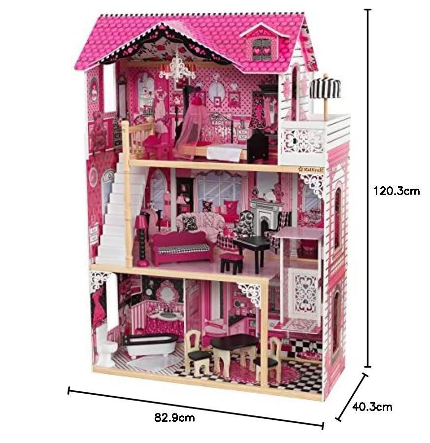 KidKraft Casa de muñecas de Madera Amelia para muñecas de 30 cm con Muebles y Accesorios, Casita de Juguete con Ascensor y balcón, 3 Niveles de Juego, Juguetes niños y niñas Desde 3 años (65093)