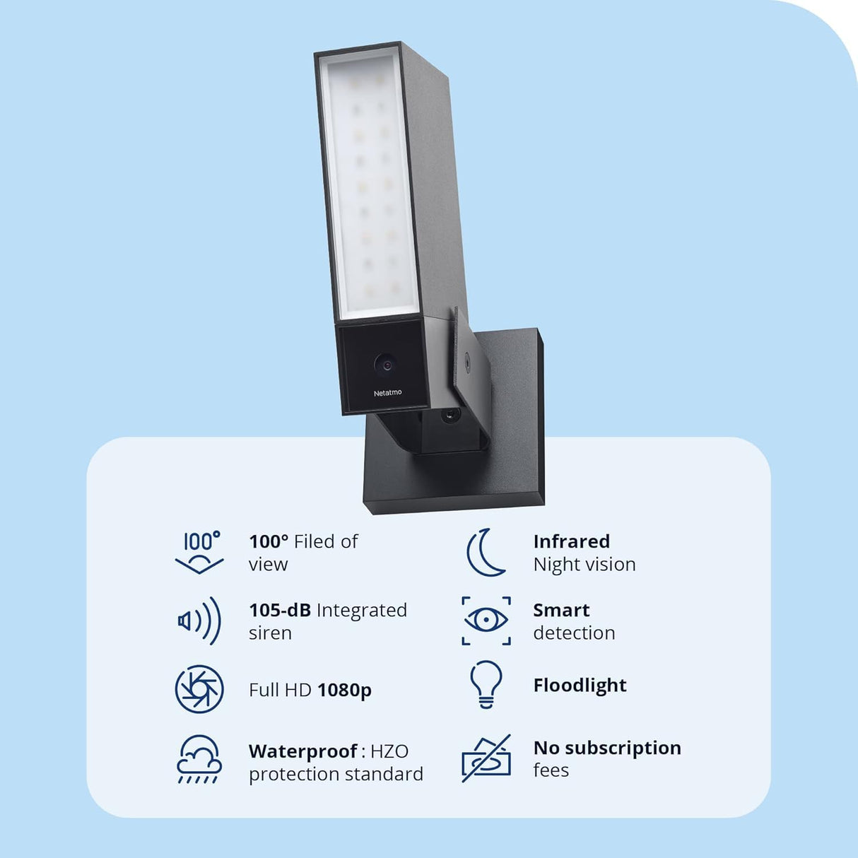 Netatmo Cámara de Vigilancia Exterior Sirena 105 dB y Foco 12W, Video HD, Detección Avanzada de Personas, Animales y Vehículos, Visión Nocturna, Almacenamiento Local Gratis - NOC-S-AMZ