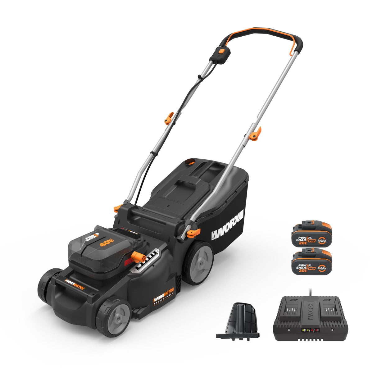 WORX Cortacésped WG737E Nitro con batería de 40 V (2 x 20 V), Potente Motor sin escobillas, Ancho de Corte de 37 cm, 6 Niveles de Altura de Corte (20 – 70 mm), Saco recogedor de césped de 40 l,