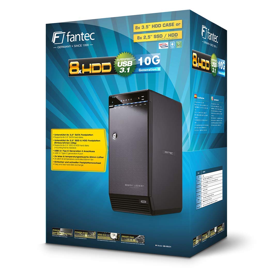 FANTEC 8X Hard Drive Enclosure USB-C 3.1 Gen2 10G for The Installation of 8X 3.5/2.5 Inch SATA I/II/III HDDs/SSDs. Automatic Fan with Internal Temperature Sensor, Lockable Metal housing, Black