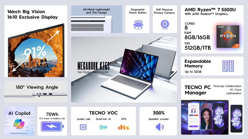 Portátil - Tecno K16S MEGABOOK, 16" Full HD IPS, AMD Ryzen™ 7-5800U, 16GB RAM, 512GB SSD, Radeon™ Graphics, WiFi, Windows 11 Home, Gris, Todo Aluminio, Teclado QWERTY Español