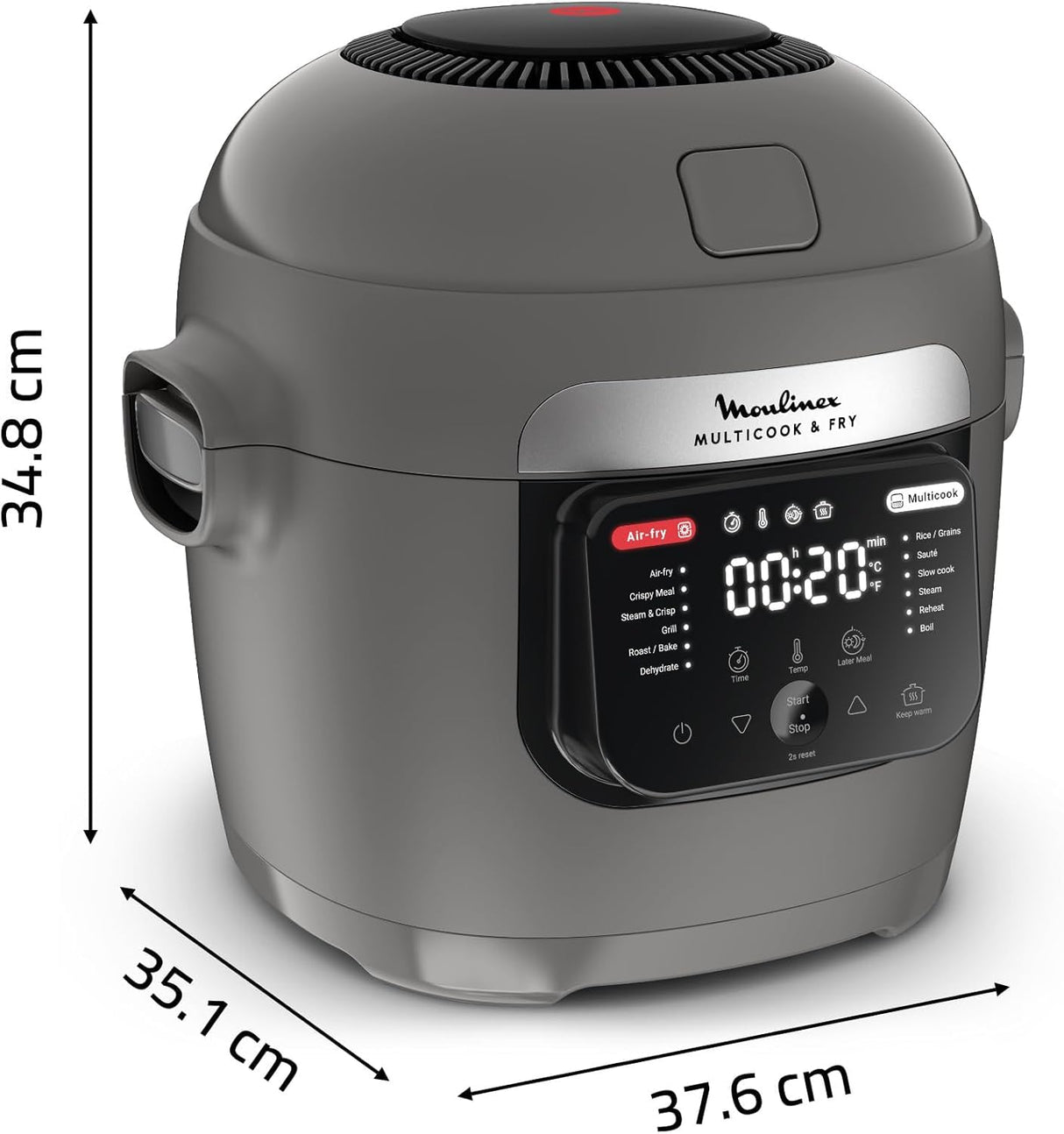 Moulinex Multicook & Fry - Robot de cocina con freidora de aire incorporada, 12 programas, cocción en 2 niveles, función de programación, 6 L de capacidad, gris hipopótamo MZ730BF0