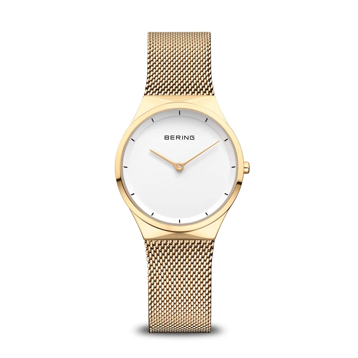 BERING 12131-339 Reloj de cuarzo para mujer con caja de acero inoxidable de 31 mm con acabado dorado y esfera blanca, correa milanesa, cristal de zafiro y resistencia al agua de 3 ATM