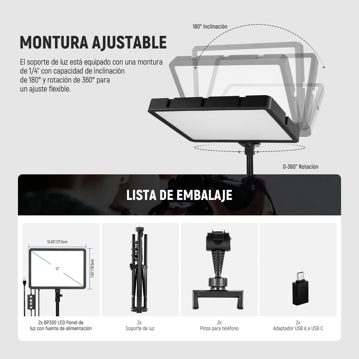 NEEWER Basico Kit Iluminación Panel Luz Video LED 2 Paquetes con 2 59'' Soportes y 2 Soportes Teléfono, 850lx/0.5m Bi Color 2700K-6500K Luz de Estudio Regulable para Foto Grabación Live Stream, BP300