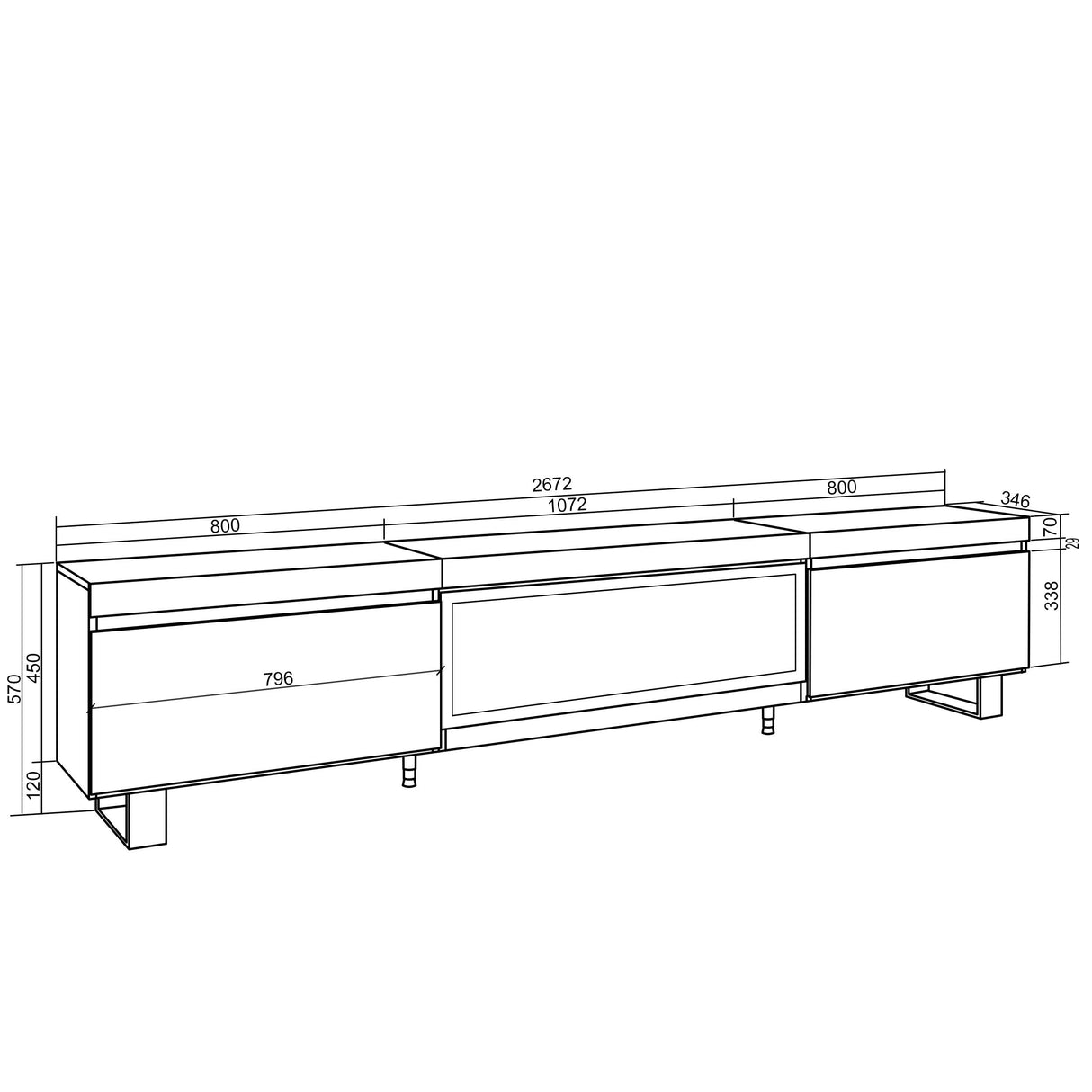 Skraut Home | Mueble TV | Televisión | Muebles de salón, almacenaje | 267x57x35 cm | para TV Gran Formato | Chimenea eléctrica XXL | Diseño Industrial | Estilo Moderno | Roble