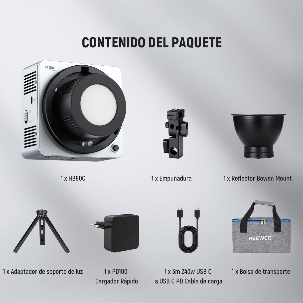 NEEWER HB80C - Iluminación de vídeo LED RGBWW 80 W, Incluye batería de 72 W, Cargador rápido PD 100 W, Control App/2,4 G, 10400 Lux/m 2500 K-7500 K, Montura Bowens Mini, para Estudio fotográfico,