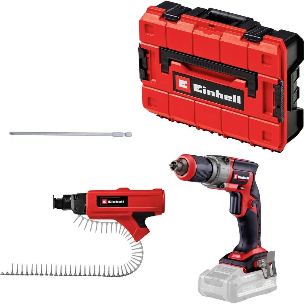 Einhell TP-DY 18 Li BL + Magazine Power X-Change - Atornillador (18 V, sin escobillas, tope de profundidad, incluye adaptador de cargador, 2 puntas, E-Case, sin batería)