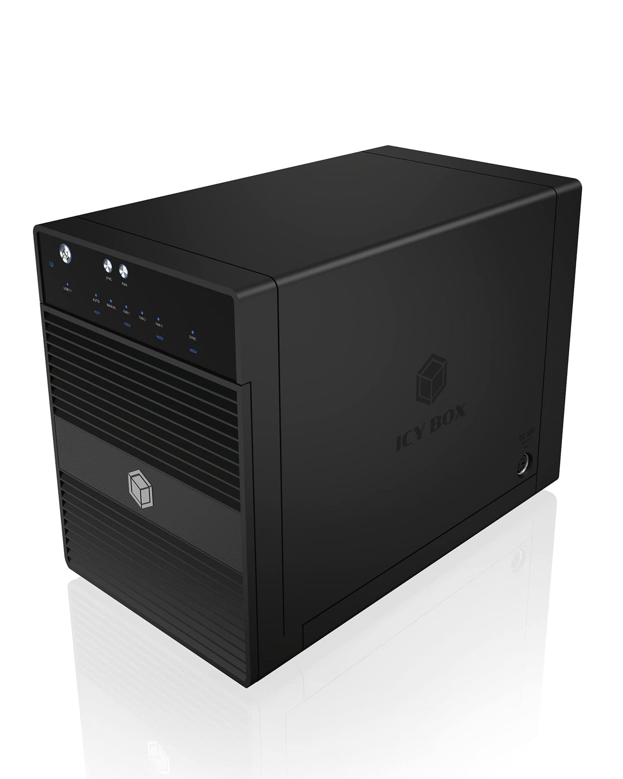 ICY BOX Externes 4-Fach USB-C Gehäuse für 2,5 Zoll & 3,5 Zoll SSD und Festplatten, USB 3.1 (Type-C, Gen 2), JBOD, Lüfter, SATA, Aluminium, Schwarz