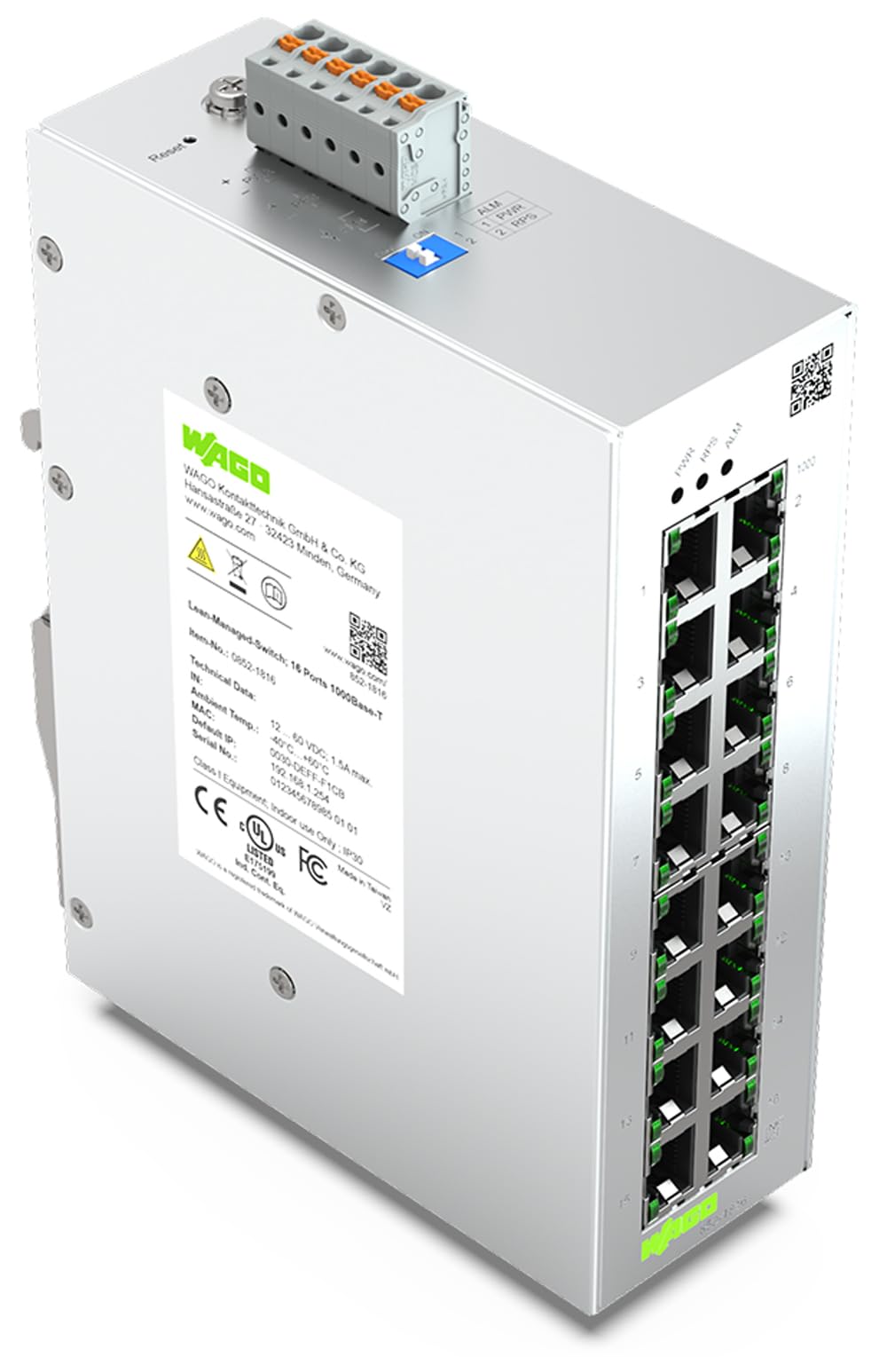WAGO Interruptor Industrial 852-1816, con 16 Puertos ETHERNET de 10/100/1000 Mbit/s y LED de diagnóstico de Panel Frontal, soporta hasta 8000 direcciones Mac absolutas