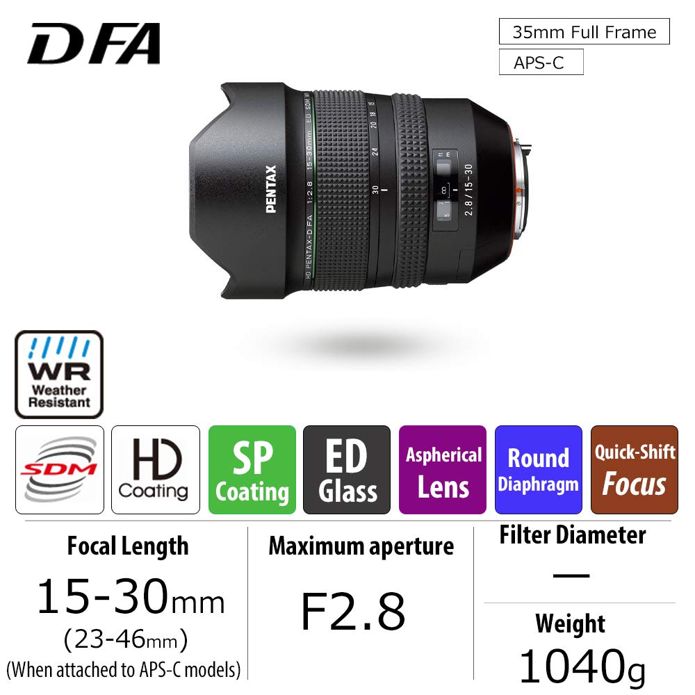 Pentax F2.8 ED SDM WR, Objetivo Zoom Ultra Gran Angular FA 15-30 mm, Tamaño Único, Negro