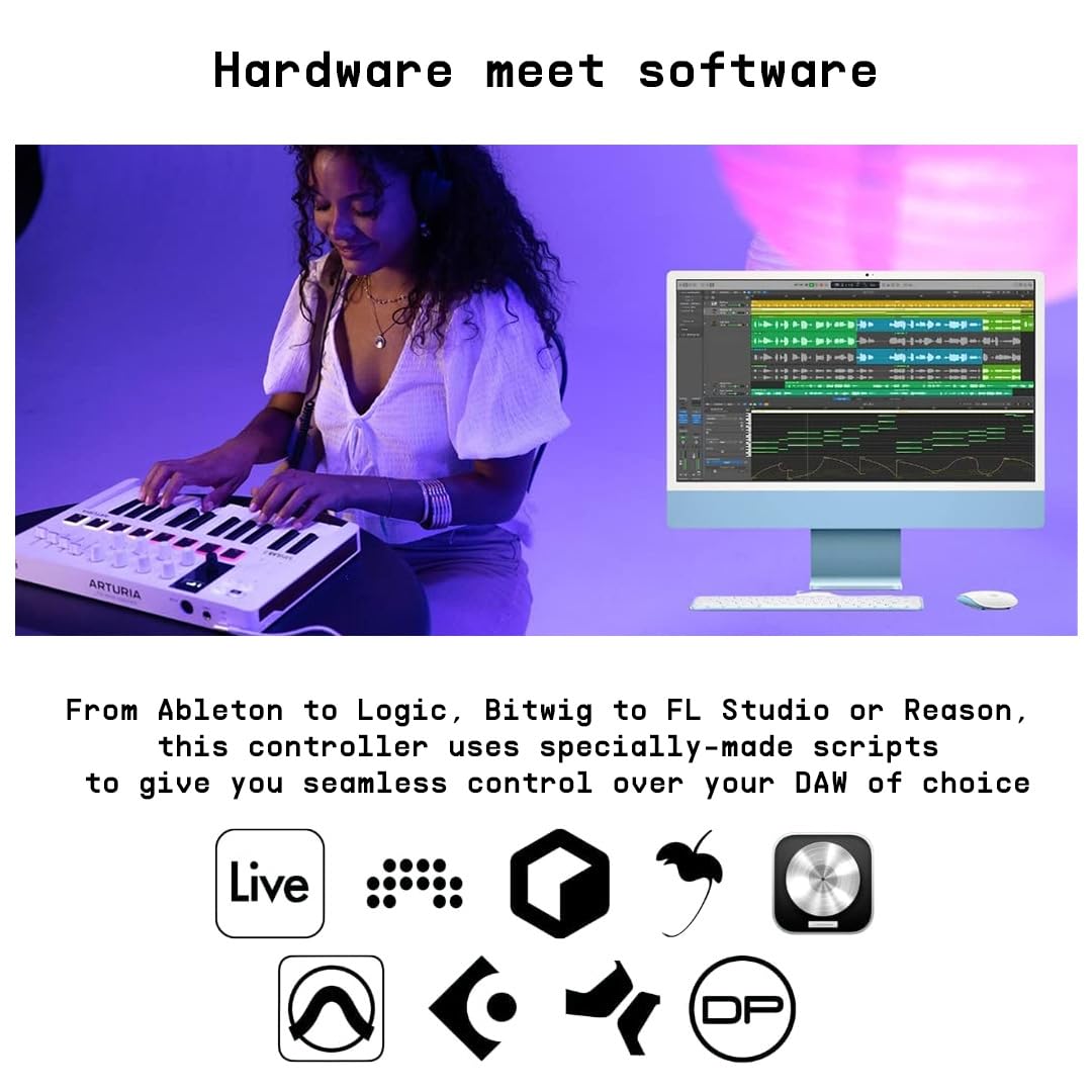 Arturia - MiniLab 3 - Controlador MIDI Universal para Producción Musical, con Paquete de Software Todo en Uno - 25 Teclas, 8 Pads Multicolor - Negro