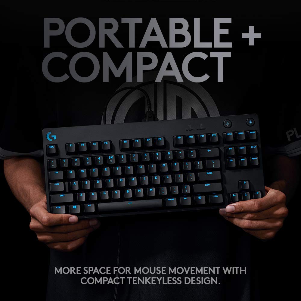 Logitech G PRO TKL Teclado Gaming Mecánico sin teclado numérico, Teclas GX-Clicky Azules, RGB LIGHTSYNC, Diseño portátil para esports, Cable Micro USB Desmontable, Disposición QWERTY US - Negro