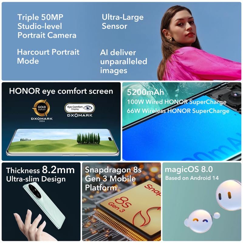 HONOR 200 Pro Smartphone 5G - ROM 512GB,Batería 5200mAh,Snapdragon 8s Gen 3(4mm),Triple Cámara 50 MP,Pantalla 6.78'',Dual SIM, NFC,MagicOS 8.0/Android 14 - Blanco