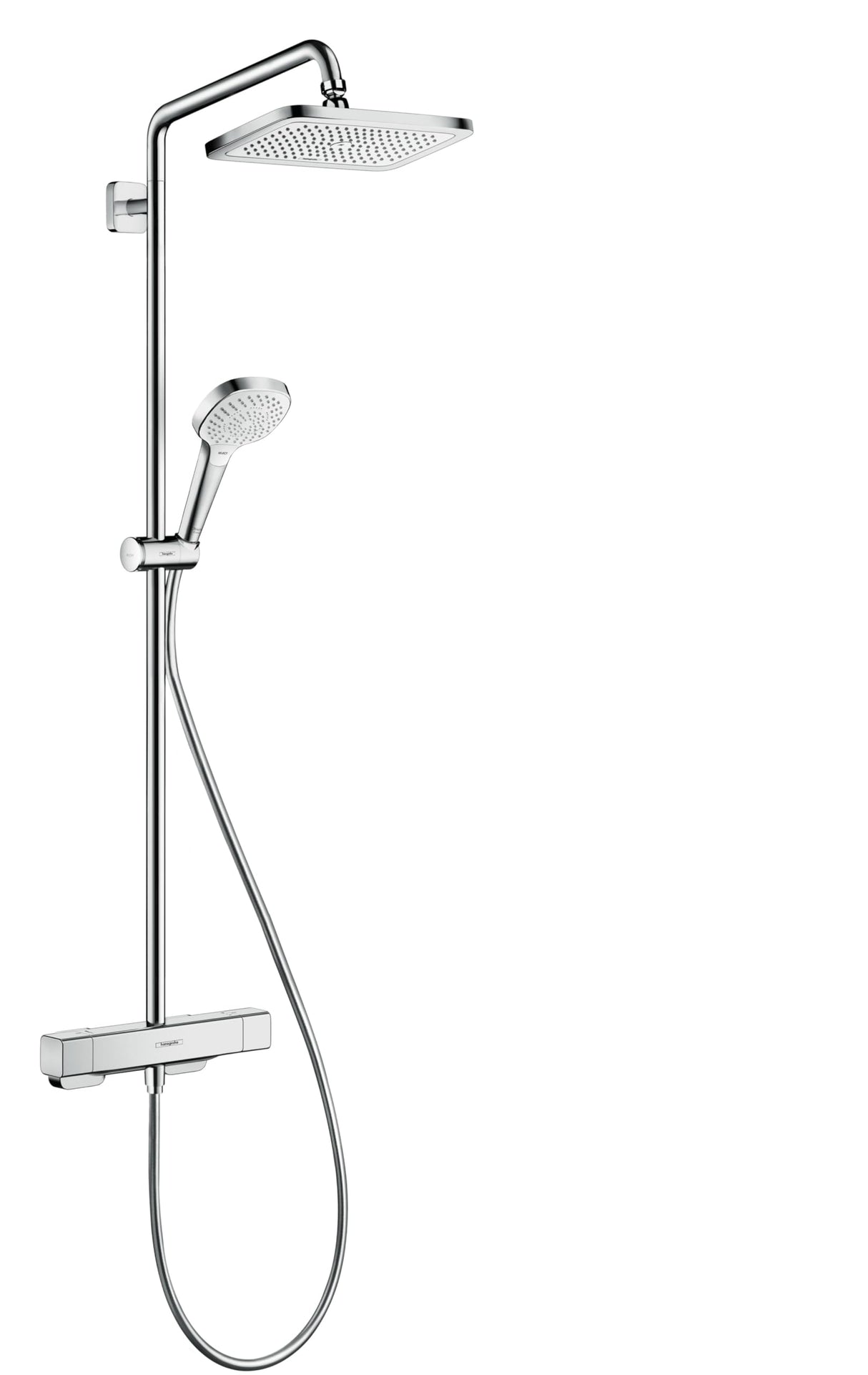 hansgrohe Croma E - sistema de ducha con termostato, ducha lluvia (280 x 170 mm) con grifo, ducha de mano (3 tipos de chorro), flexo, barra, ducha fija rectangular (1 tipo de chorro), cromo