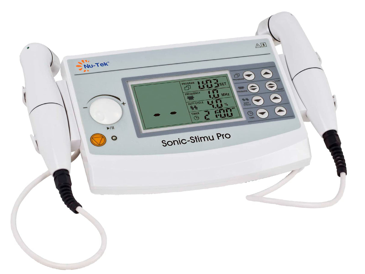 QUIRUMED Ultrasonidos profesional terapéutico portátil SonicStimu Pro 1-3 Mhz, 10 modelos de tratamientos, 2 cabezales multifrecuencia, Pantalla LCD