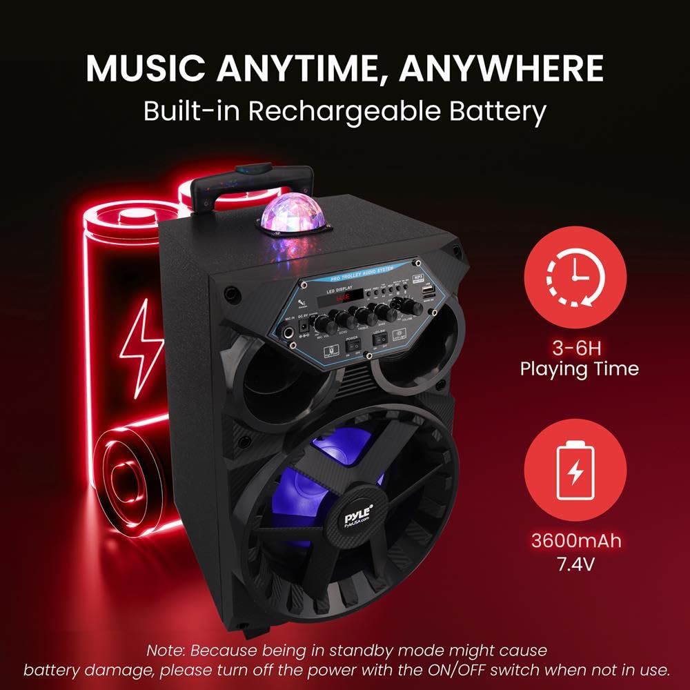 Pyle 580W Portable Bluetooth PA Speaker – 8” Rechargeable Wireless Karaoke System with TWS, LED Display, Disco Lights, FM/USB/SD/AUX Inputs, 6.5mm Mic, Wheels and Trolley, Wireless Mic and Remote