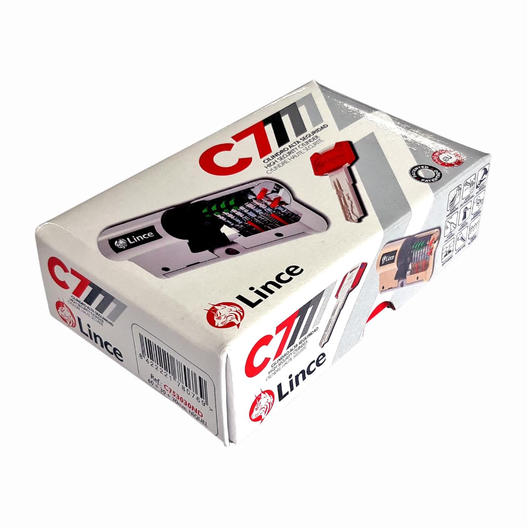 Cilindro de alta seguridad LINCE C7 L30+60, triple bloqueo patentado, anti-golpes, anti-rotura, función desbloqueable (antipánico), 5 llaves reversibles, certificado EN 1303:2016.
