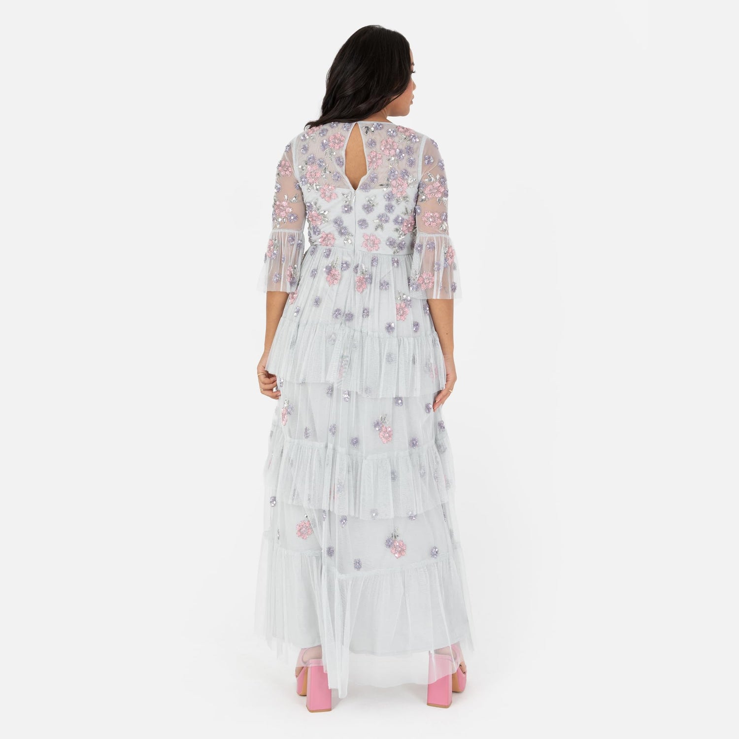 Maya Deluxe Women's Ladies Maxi Dress Round Neck 3/4 Sleeve Floral Sequin Embellished Ruffle A-Line for Wedding Guest Prom Ball Gown Vestido, Glacier Grey, 42 para Mujer
