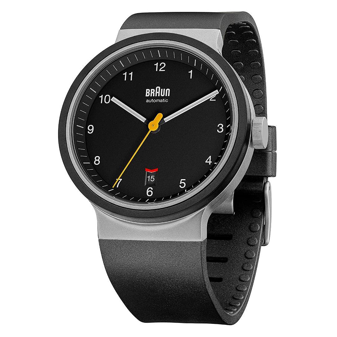 Braun Automatic 3-Hand 40mm Mens Watch with Date Analogue Watch, Rubber Strap, 40mm Stainless Steel Case with Black Dial, Model BN0278BKBKG.