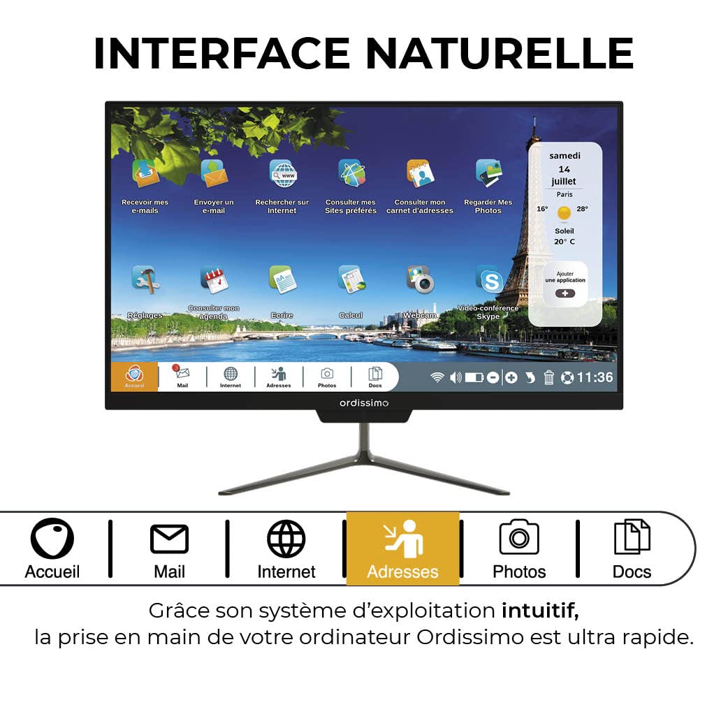 Ordissimo - Computadora de Escritorio Todo en uno Clara 2 para Personas Mayores - Fácil de Usar - Interfaz intuitiva - Pantalla de 23,8 Pulgadas - Gran Capacidad de Almacenamiento - Teclado y Mouse