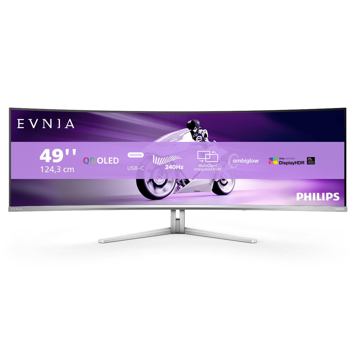 Philips Evnia 49M2C8900AM - Monitor Gaming Curvo QD OLED de 49 Pulgadas, 240 Hercios, 0.03ms GtG, HDR400, Ambiglow (5120x1440, HDMI 2.1, DisplayPort 1.4, USB-C, USB Hub) Blanco