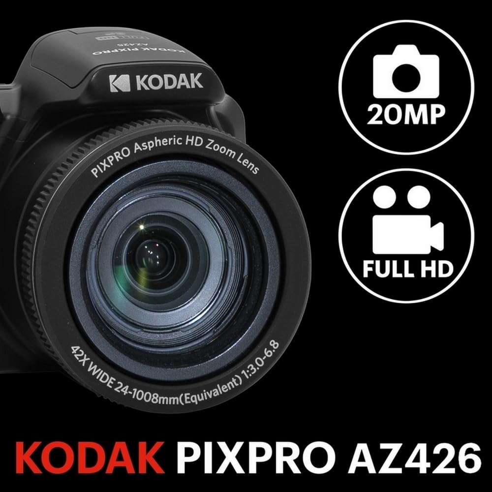 KODAK Pixpro Astro Zoom AZ426 - Cámara Digital Bridge, Zoom Óptico 42X, Gran Angular de 24 mm, 20 Megapíxeles, LCD 3, Video Full HD 1080p, Batería Li-ion - Negra