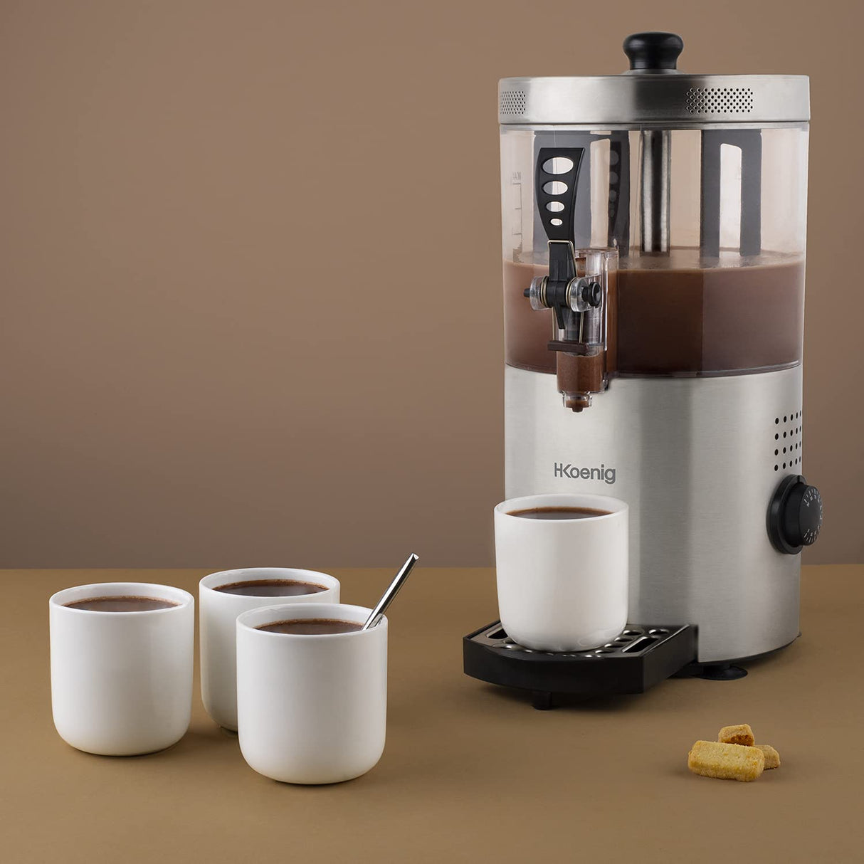 H.Koenig Dispensador de chocolate caliente Acero inoxidable SHK800, 1200W, Recipiente extraíble de 3L, Termotast ajustable, Mantener caliente, Sistema antigoteo, Apto para lavavajillas