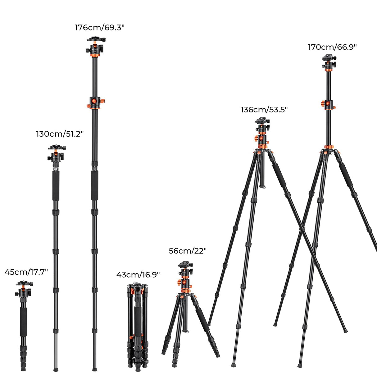 K&F CONCEPT Trípode Cámara 170cm Aluminio con Columna Central con Monopié, 360° Rótula de Bola Placa de Liberación para Cámara DSLR