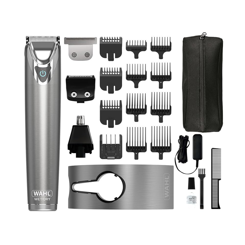 WAHL Washable Stainless Steel Multigroomer, recortadora de barba y barba incipiente para hombres, recortadora de nariz y orejas, set de cuidado masculino, totalmente lavable, sin cable