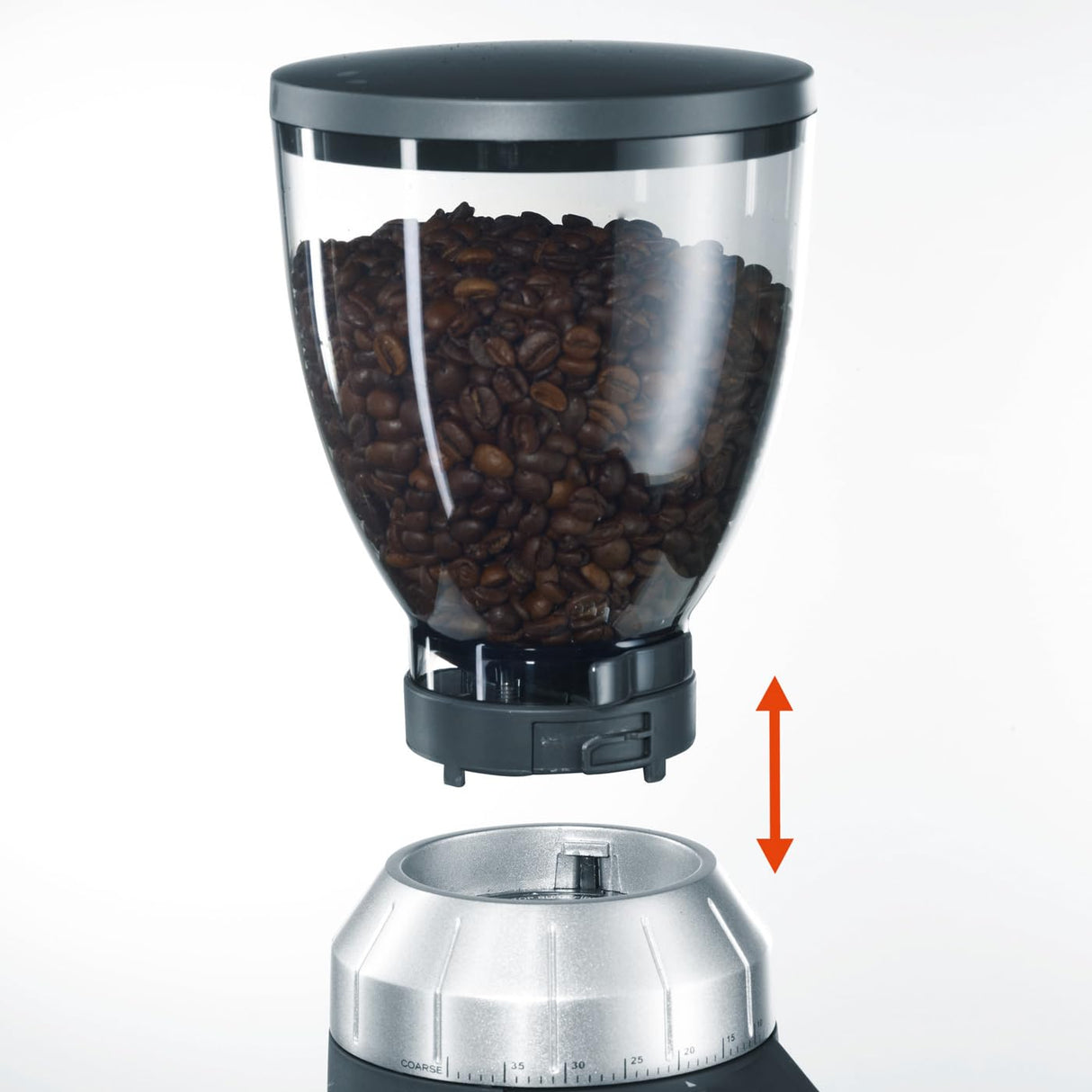 GRAEF CM 800 Molinillo de Café Eléctrico 128W, 350g, Molino Cónico Inox, Aluminio, 40 Niveles, Portafiltro, Antiestático, Plata