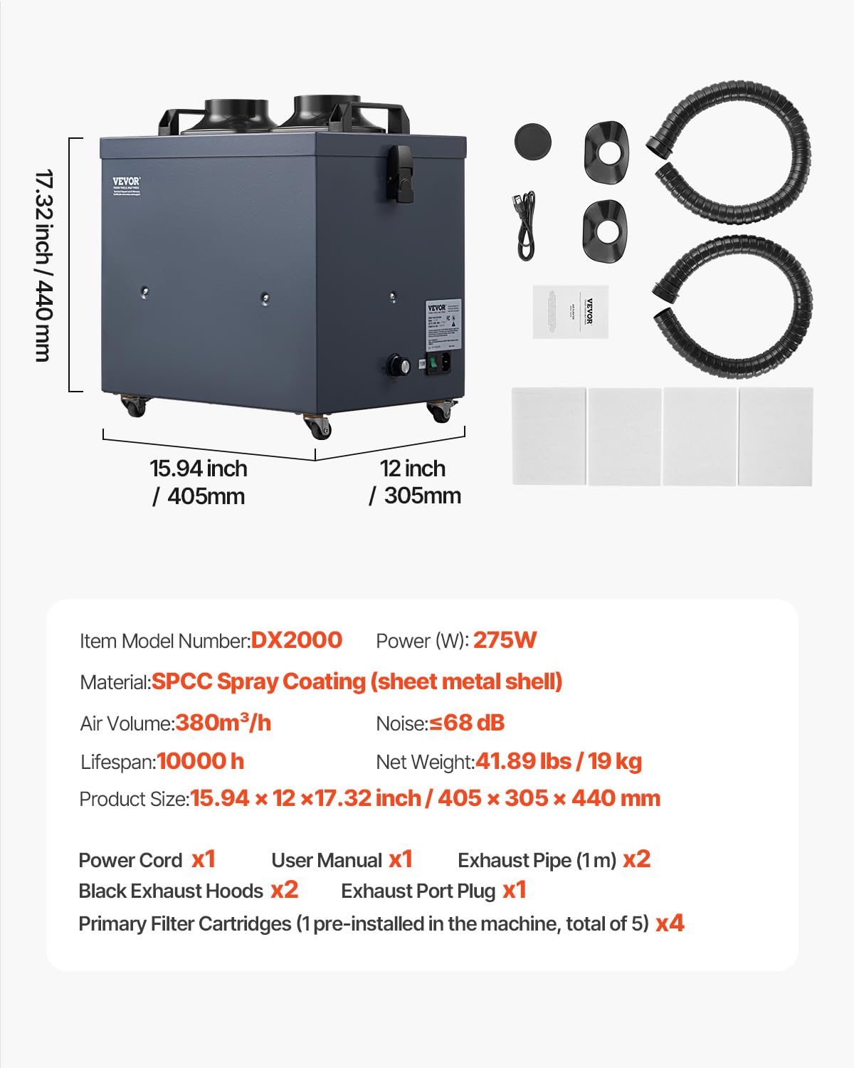 VEVOR Extractor de Humos de Soldadura 275 W con Mangueras Dobles Absorbedor de Humo de Soldadura 380 m³/h sin Escobillas con Filtros de 4 Etapas y 10 Velocidades para Soldadura, Grabado Láser