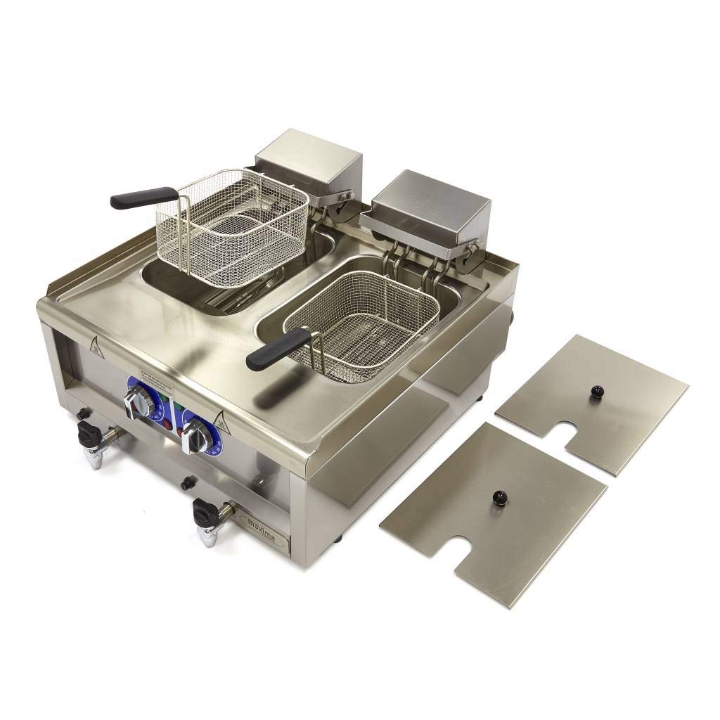 Maxima Freidora eléctrica de clase comercial Gastro, 2 x 10 l de aceite, 600 x 600 mm de profundidad, con zona fría y grifo de drenaje, 2 x 6000 W