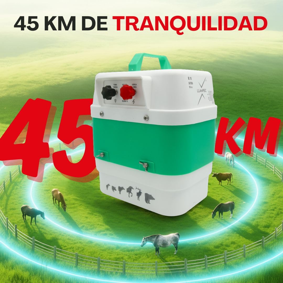 Pastor eléctrico Llampec Mod.16 con batería 12V – 4 J, 9.500 V y 40 km de alcance – Ideal para ganado equino, vacuno, porcino, ovino y animales salvajes – Batería y panel solar no incluidos
