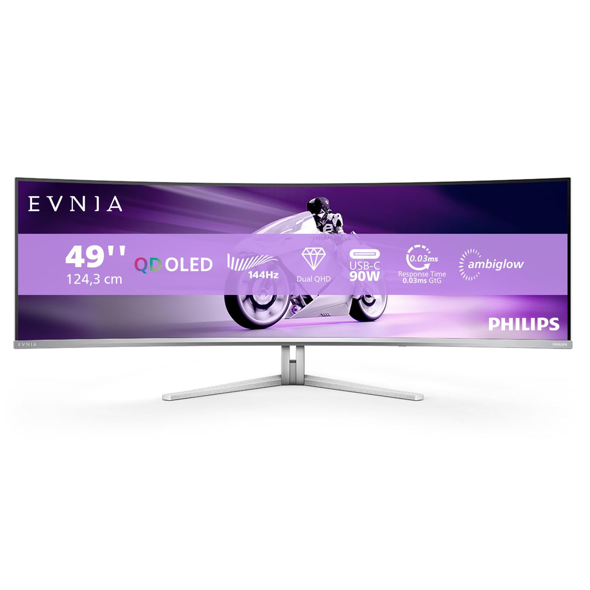 Philips Evnia 49M2C8900LA - Monitor Gaming Curvo OLED DQHD de 49 Pulgadas, 144 Hercios, 0,03ms GtG, HDR400, Ambiglow (5120x1440, HDMI 2.1, DisplayPort 1.4, USB-C, USB Hub) Blanco