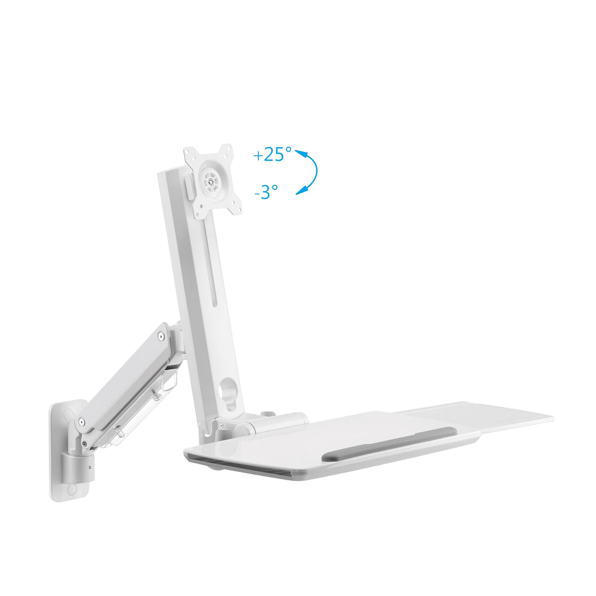 PureMounts Soporte para Monitor con Bandeja para Teclado, Soporte de Pared para Pantalla con Bandeja para Teclado, Ajustable en Altura, Giratorio, Inclinable, Estación de Trabajo de Pie, Blanco