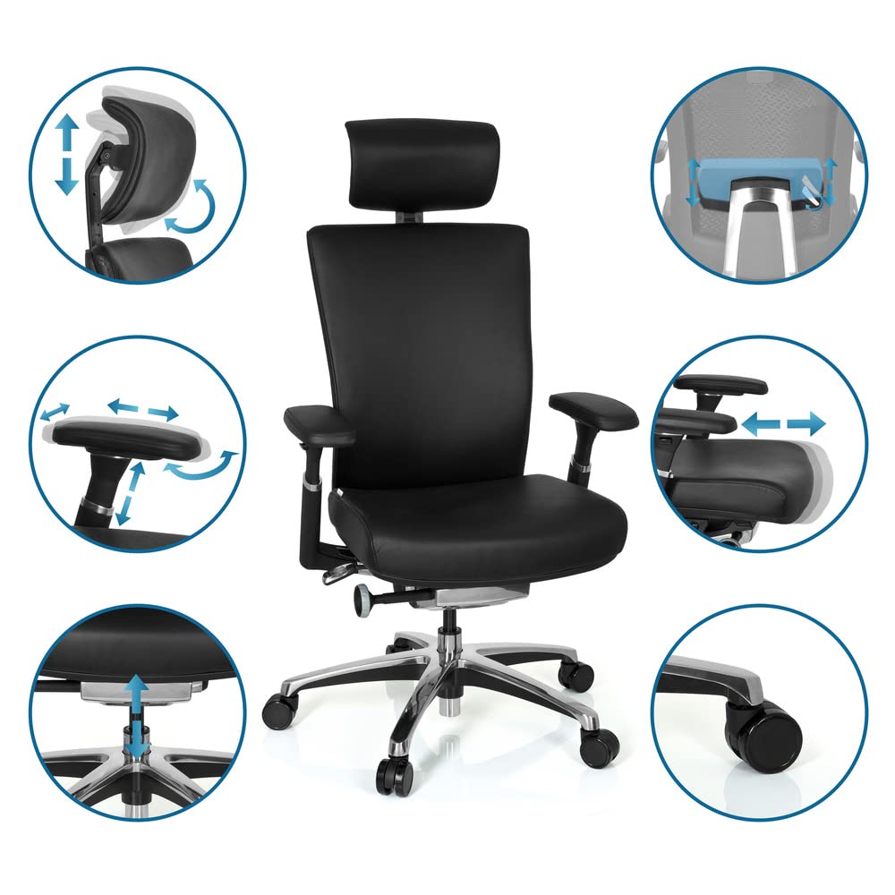 hjh OFFICE 657604 Silla de Oficina Nova Cuero Negro, Silla giatoria, ergonomica, apoyabrazos Ajustables, con apoya Cabezas
