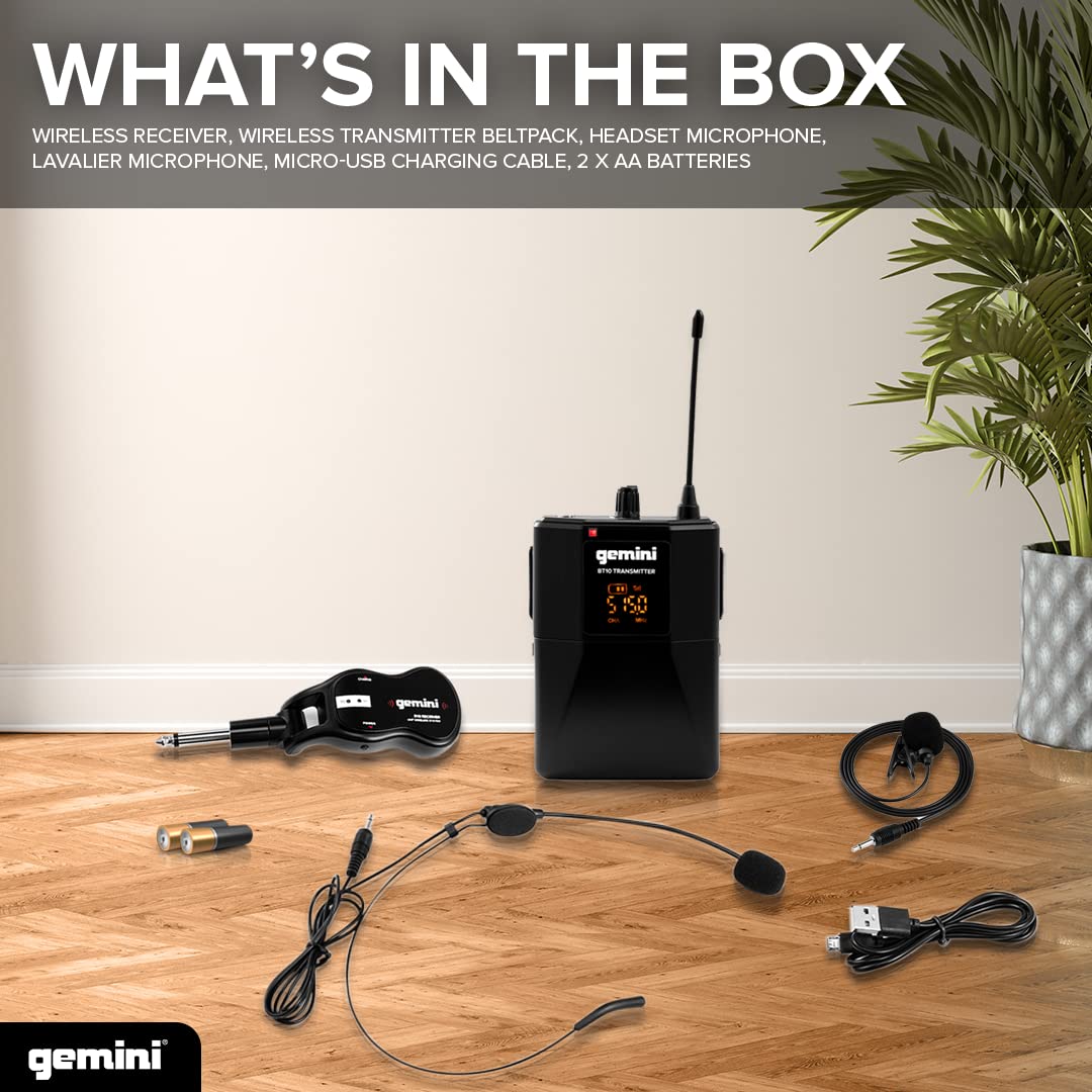 Gemini Sound Pro Audio GMU-HSL100 Plug and Sing Karaoke DJ, Bluetooth, Banda UHF, micrófono Lavalier con Conector inalámbrico de 1/4 Pulgadas, Adaptador transmisor para Altavoces