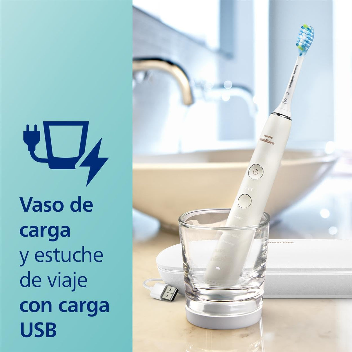 Philips Sonicare DiamondClean 9000 Cepillo Eléctrico, 4 Modos, 3 Intensidades, Estuche de Viaje USB, Blanco