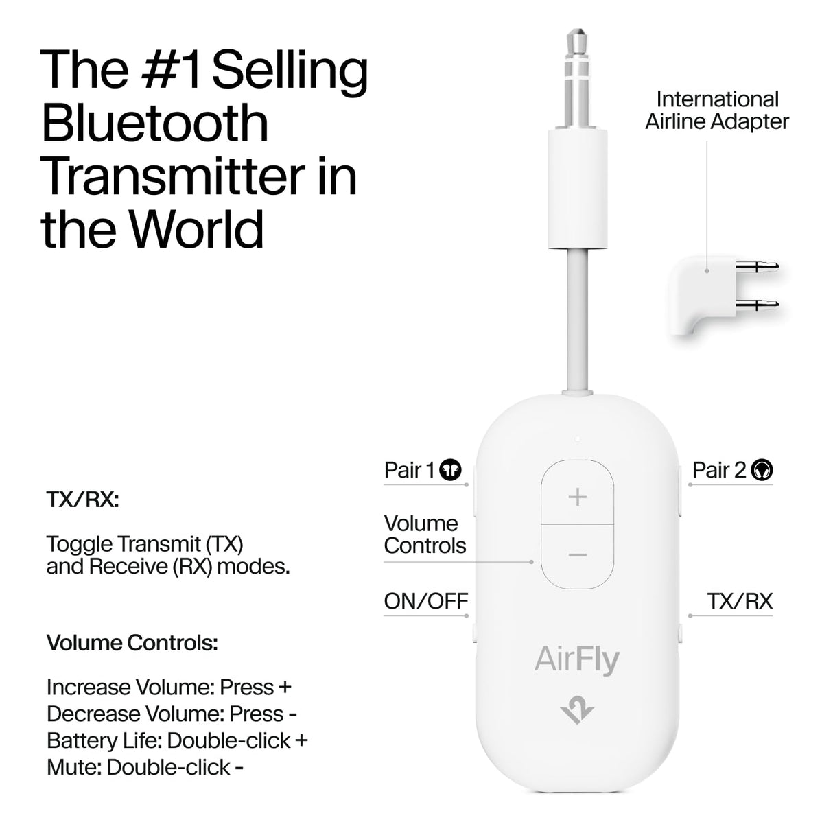 Twelve South AirFly Pro 2 Deluxe | Transmisor/Receptor inalámbrico con Audio compartido para hasta 2 AirPods/Auriculares inalámbricos - Avión, Gimnasio, Coche