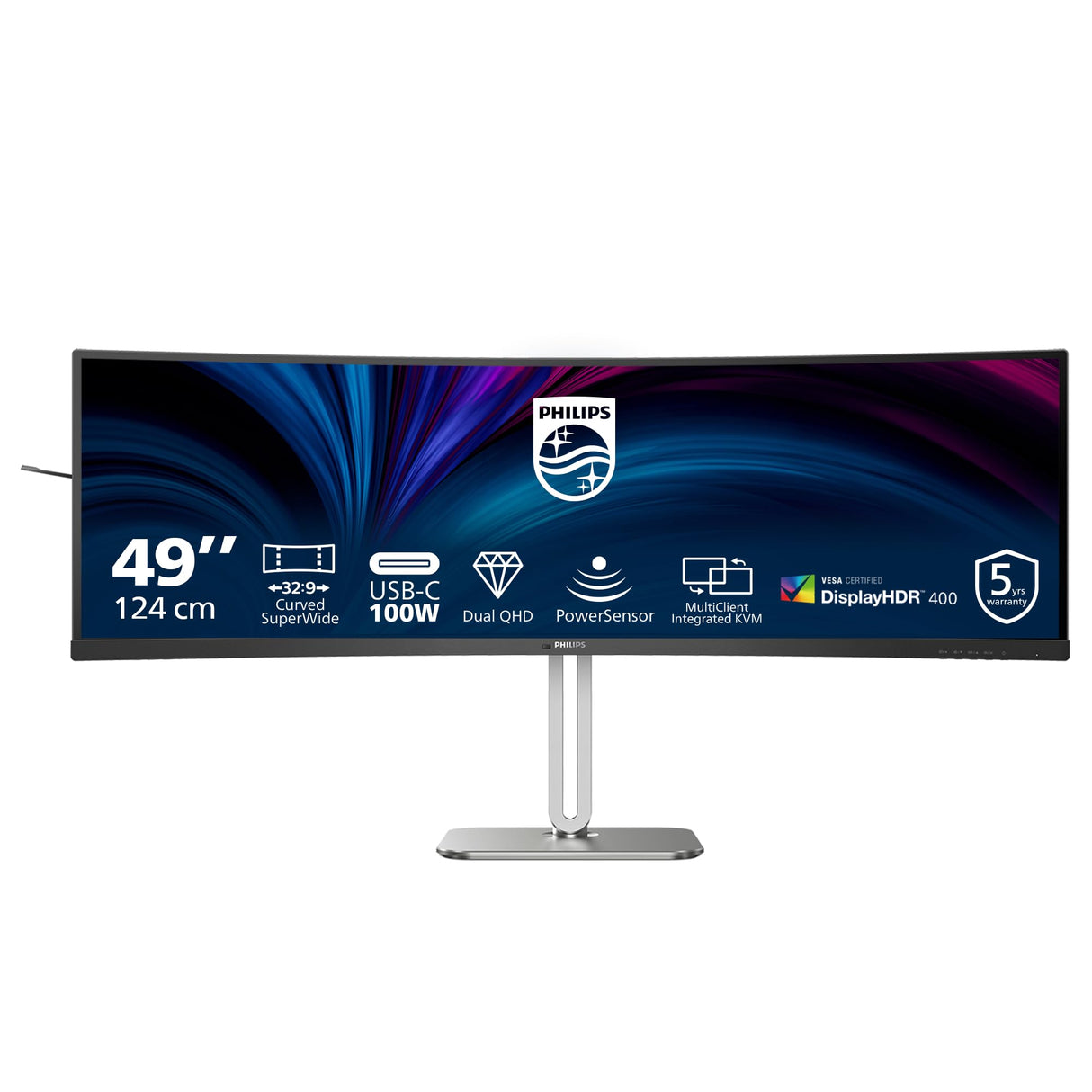 Philips 49B2U5900C - Monitor 49 Pulgadas DQHD Curvo, 75Hz, VA, 4 ms GtG, Adaptive Sync., HDR400, Altura Ajustable, Altavoces (5120x1440, 2X HDMI 2.0, DP 1.4, USB-C, USB-Hub), Gris Oscuro