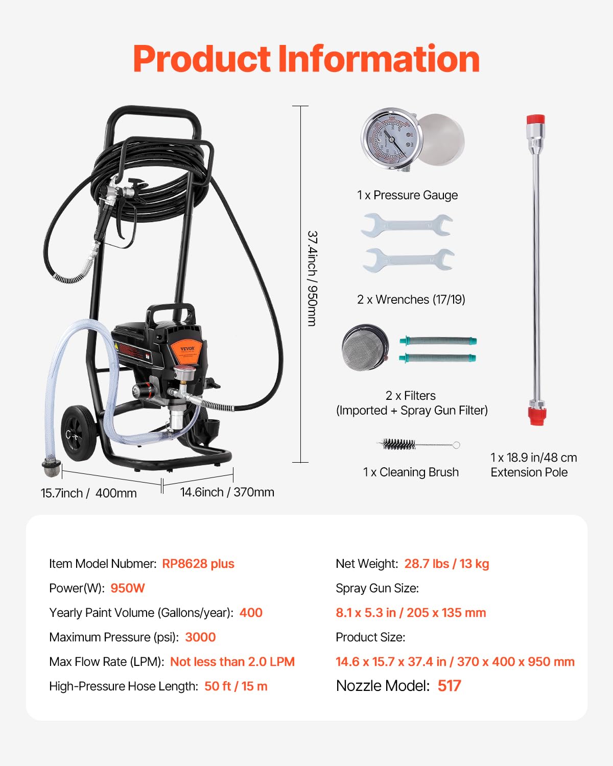 VEVOR Pulverizador de Pintura 950 W Máquinas Pintura Airless 2 L/min Pistola de Pulverización Eléctrica sin Aire con Carro Presión Máxima 3000 PSI con Manguera de 15 m para Pared, Mueble, Cercas