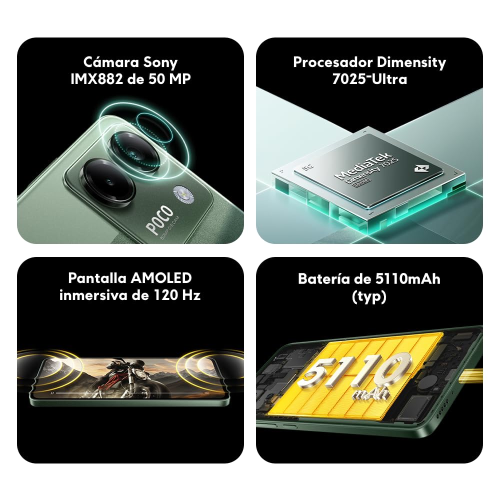 XIAOMI POCO M7 Pro 5G - Smartphone de 8+256GB, Cámara de 50 MP Sony con OIS, Pantalla AMOLED de 6,67" 120 Hz, Carga Turbo de 45W, Cargador no Incluido, Verde (Versión ES)