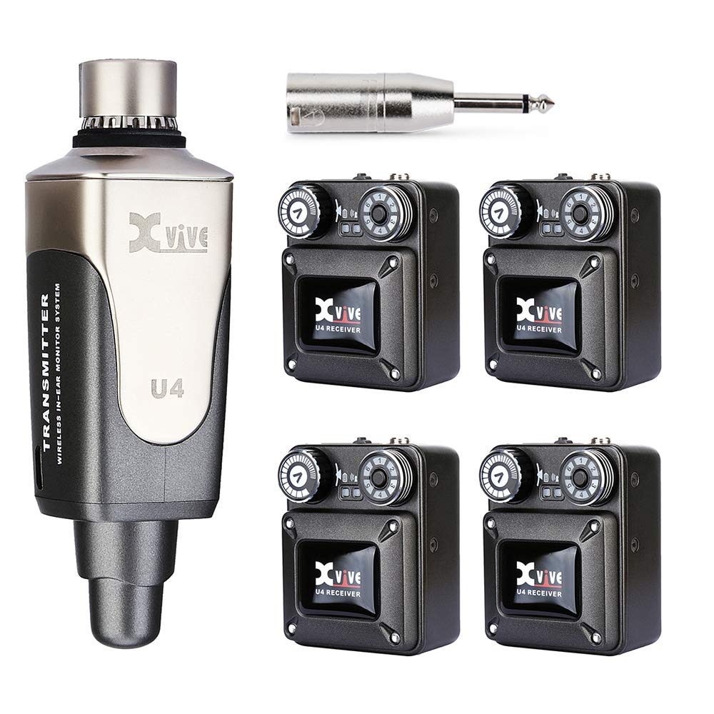 Xvive U4R4 Wireless In Ear Monitor, Sistema inalámbrico Profesional para monitorización de Auriculares in-Ear, Compuesto por 1 emisor y 4 Receptor