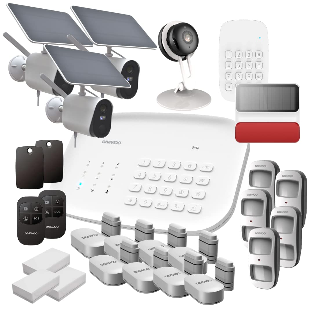 Daewoo Security SA668AM - Alarma doméstica inalámbrica WiFi/gsm conectada, Control Remoto, Sirena, 4 cámaras, Paneles solares, Compatible con Amazon Alexa, Google Home