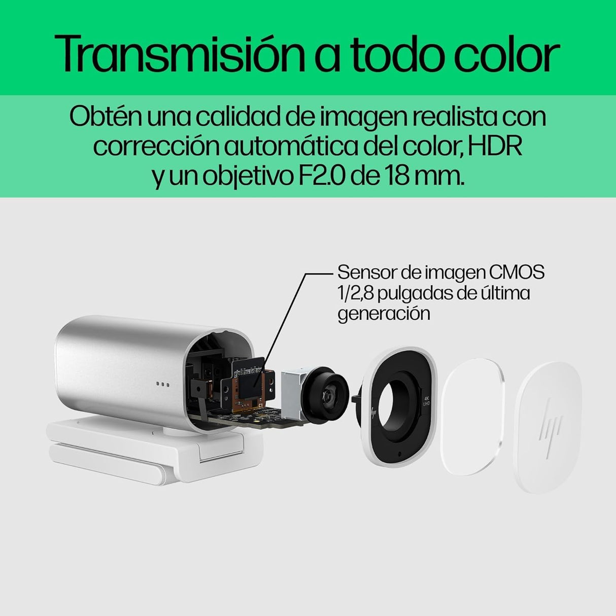 HP Webcam 960 4K - UHD, 3840 x 2160, Videoconferencias, Autoenfoque, Micrófono Integrado, Windows Hello, Teams, Zoom, Google Meet, Twitch, Youtube, Streaming - Color Plata