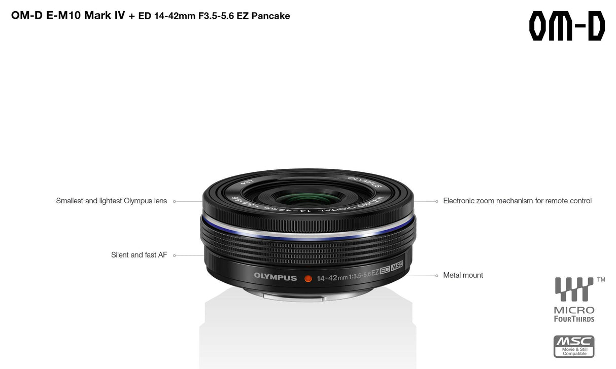 Kit de cámara del Sistema Micro Four Thirds Olympus OM-D E-M10 Mark IV, Sensor de 20 Mpx, Visor electrónico, vídeo 4K, Wi-Fi, Negro, Incluye el M.Zuiko Digital ED 14-42mm F3.5-5.6 EZ Pancake Negro