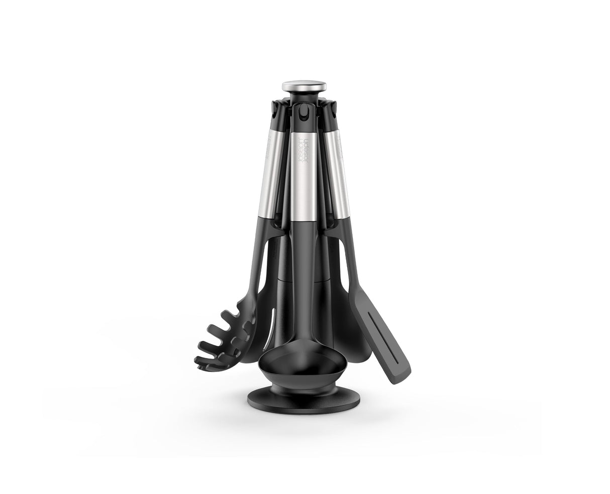 Joseph Joseph Elevate Utensilios de Cocina de Silicona, 5 Piezas, Accesorios sin BPA, Antiadherentes, Resistentes al Calor, Mango en Acero Inoxidable, con Soporte Giratorio