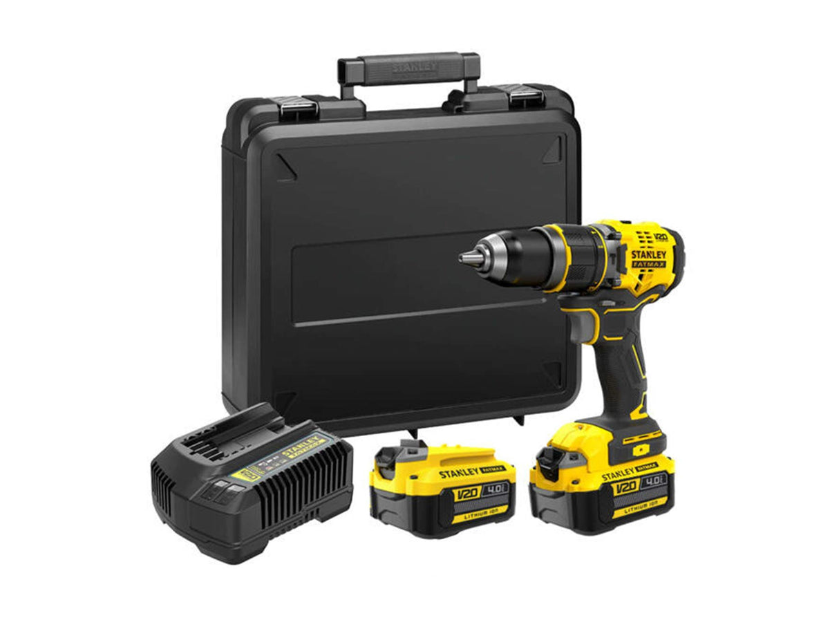 STANLEY FATMAX SFMCD721M2K-QW - Taladro Percutor 18V, Gama V20, Motor sin escobillas, Par máx. 80 Nm, Engranaje metálico de 2 velocidades, Luz LED, Incl. 2 baterías 4,0 Ah, cargador y maletín