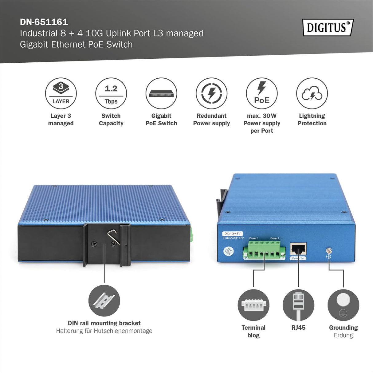 DIGITUS Conmutador de Red PoE - 12 Puertos Gigabit Ethernet - 8X RJ45 + 4X SFP+ 10 Gigabit - IP40 - L3 gestionado, VLAN - 10/100/1000 Mbit/s - Montaje en Carril DIN - Serie Industrial - Negro/Azul