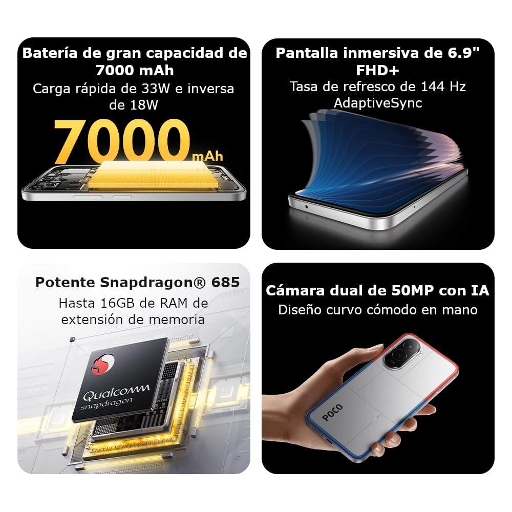 XIAOMI POCO M7 - Smartphone de 6+128GB, Cámara Dual de 50MP con AI, Pantalla inmersiva de 6,9” FHD+, Snapdragon 685, Carga rápida de 33W y Reversible de 18W, Cargador no Incluido, Negro (Versión ES)